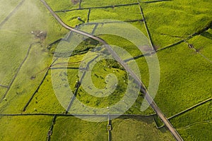 Aerial views on the typical abstract countryside of the east of Terceira Island, one of the islands of the AÃ§ores Azores