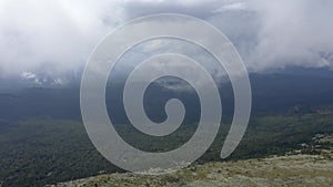 Aerial views of Ural mountains in cloud, the Southern Urals