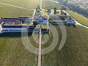 Aerial views of wine domain or chateau in Haut-Medoc red wine making region, Margaux village, Bordeaux, left bank of Gironde