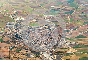 Aerial of village and fields around