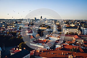 Aerial Vilnius city panorama with hot air balloons. Lithuania