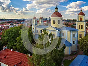 AERIAL. Vilnius, Lithuania: Orthodox Church and monastery of Holy Spirit,