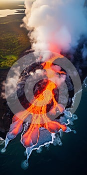 Aerial Volcano Photography: Lava Flowing To The Shore