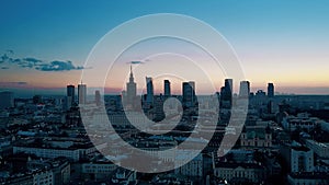 Aerial of Warsaw downtown in the evening