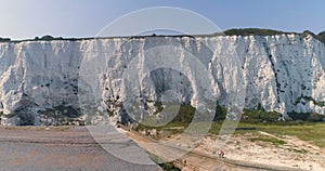 Aerial. White cliffs panorama of Dover from sea. England, East Sussex. Between France and UK. 4k