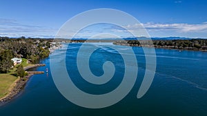 Aerial wide angle view of Hastings River and Port Macquarie town in New South Wales, Australia