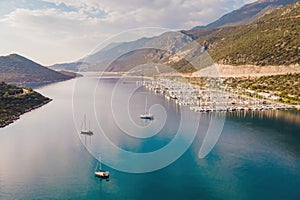 Aerial wide overview of yacht marina in Antalia province photo