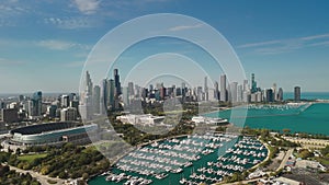 Aerial wide view footage of Chicago downtown skyline on sunny day