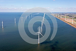 Aerial from wind turbines in the IJsselmeer in Friesland  in the Netherlands