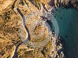 Aerial of winding coastal road