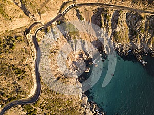 Aerial of winding coastal road