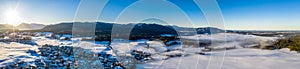 Aerial Winter Alpenvorland snow landscape in Bavaria, Germany