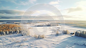 Aerial Winter Flying Over Forest In Rural Finland - Stock Photo