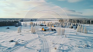 Aerial Winter Landscape: Golden Light, Rural Life Scenes In Rural Finland photo