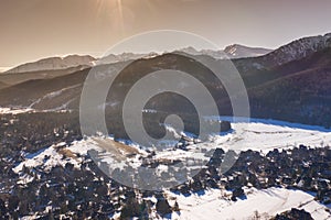 Aerial winter Tatra mountain landscape of zakopane