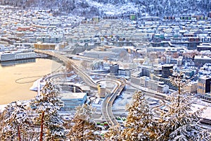 Aerial winter view of Bergen