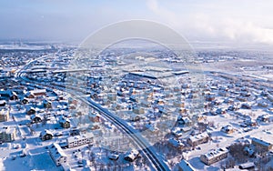 Aerial winter view of Kiruna, the northernmost town in Sweden, province of Lapland, winter sunny picture shot from drone