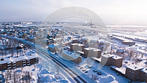 Aerial winter view of Kiruna, the northernmost town in Sweden, province of Lapland, winter sunny picture shot from drone