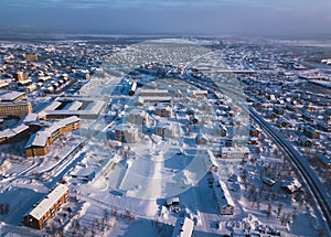 Aerial winter view of Kiruna, the northernmost town in Sweden, province of Lapland, winter sunny picture shot from drone