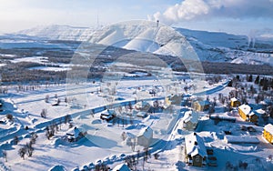 Aerial winter view of Kiruna, the northernmost town in Sweden, province of Lapland, winter sunny picture shot from drone