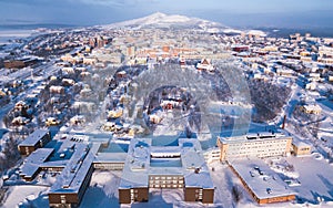 Aerial winter view of Kiruna, the northernmost town in Sweden, province of Lapland, winter sunny picture shot from drone