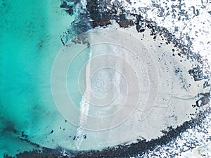 Aerial winter view of Lofoten Islands beach, Norway, shot from drone