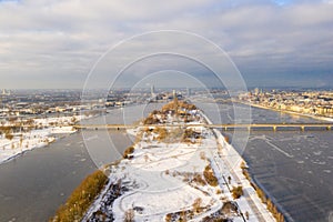 Aerial winter view over Daugava river in Riga