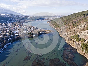 Aerial winter view of Pancharevo lake, Bulgaria