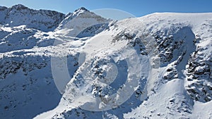 Aerial Winter view of Rila mountain near Musala peak, Bulgaria