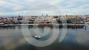 Aerial winter view of Stockholm, Sweden, with the Katarina Church towering over the district of Södermalm.