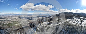 Aerial Winter view of Vitosha Mountain and city of Sofia, Bulgaria