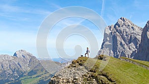 AERIAL: Woman observing the picturesque mountain landscape with her little dog.