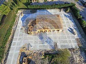 Aerial wooden house commercial building construction