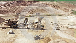 Aerial: work process at sand extraction quarry.