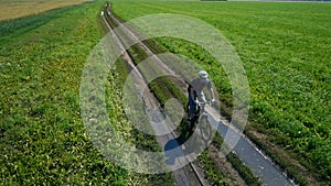 AERIAL: Young man cycling on bicycle at rural road through green and yellow field.