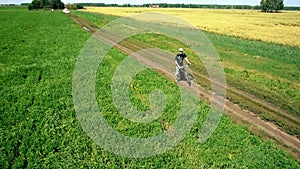 AERIAL: Young man cycling on bicycle at rural road through green and yellow field.