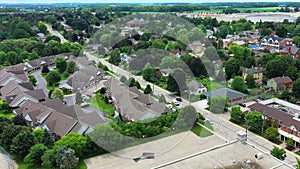 Aerial zoom of St Jacobs, Ontario, Canada town center 4K