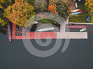 Aerialphoto boat station with pier, bill boats, kayaks and rowing