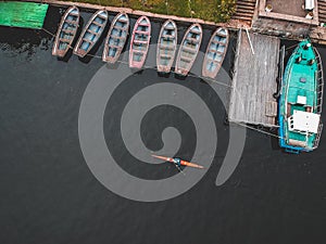 Aerialphoto rower training on the  river in a kayak