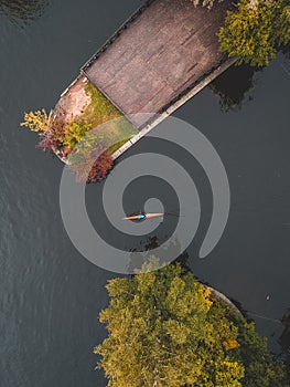 Aerialphoto rower training on the river in a  kayak