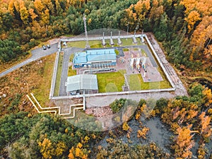 Aerialphoto water treatment plants,  factory in the coniferous forest. The Solid Contact Clarifier Tank type Sludge Recirculation