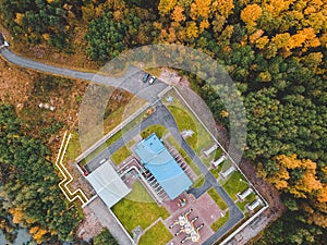 Aerialphoto water treatment plants, factory  in the coniferous forest. The Solid Contact Clarifier Tank type Sludge Recirculation