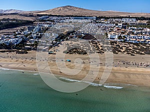 Aeriav view on sandy dunes, beach and Costa Calma, Fuerteventura, Canary islands, Spain in winter, sunny winter day