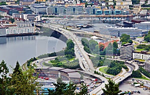 Aeriel view of a freeway interchange, Bergen, Norway.