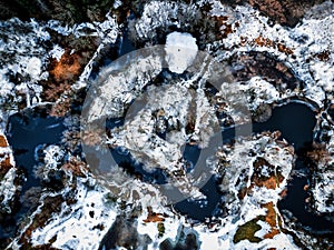 aero drone view of a flooded river during winter, showcasing the powerful and destructive forces of nature