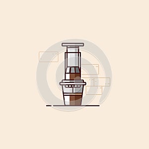 Aero press manual brewing coffee tool illustration in flat style.