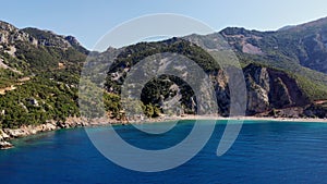 Aero. top view. beautiful summer seascape. Rocky beaches of Evia island, Greece. sea bay with turquoise, blue water at