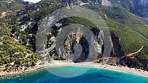 Aero. top view. beautiful summer seascape. Rocky beaches of Evia island, Greece. sea bay with turquoise, blue water at