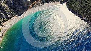 Aero. top view. beautiful summer seascape. Rocky beaches of Evia island, Greece. sea bay with turquoise, blue water at