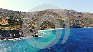 Aero. View from above. beautiful summer seascape. Rocky beaches of Evia island, Greece.